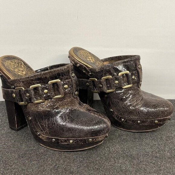 BOGO Vince Camuto Sz 6 Christies Brown Distressed Leather Platform Clogs Mules - Picture 2 of 7